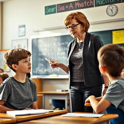 A classroom scene where a teacher is firmly but respectfully reprimanding a student for not paying attention