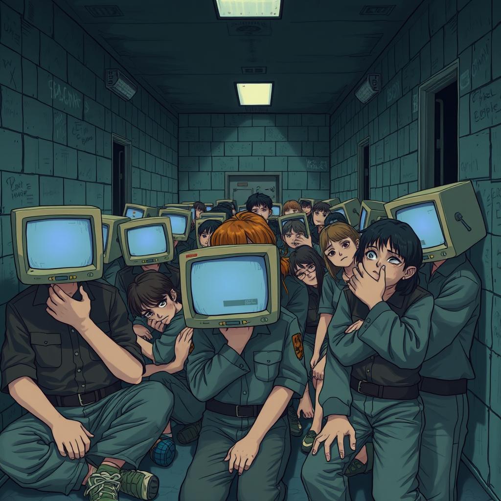 A surreal scene depicting a prison filled with traumatized teenagers, displaying emotional expressions of fear and anxiety