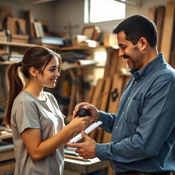 A friendly and supportive scene where a mentor is demonstrating the correct way to perform a task to a young adult