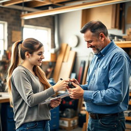 A friendly and supportive scene where a mentor is demonstrating the correct way to perform a task to a young adult