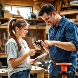 A friendly and supportive scene where a mentor is demonstrating the correct way to perform a task to a young adult