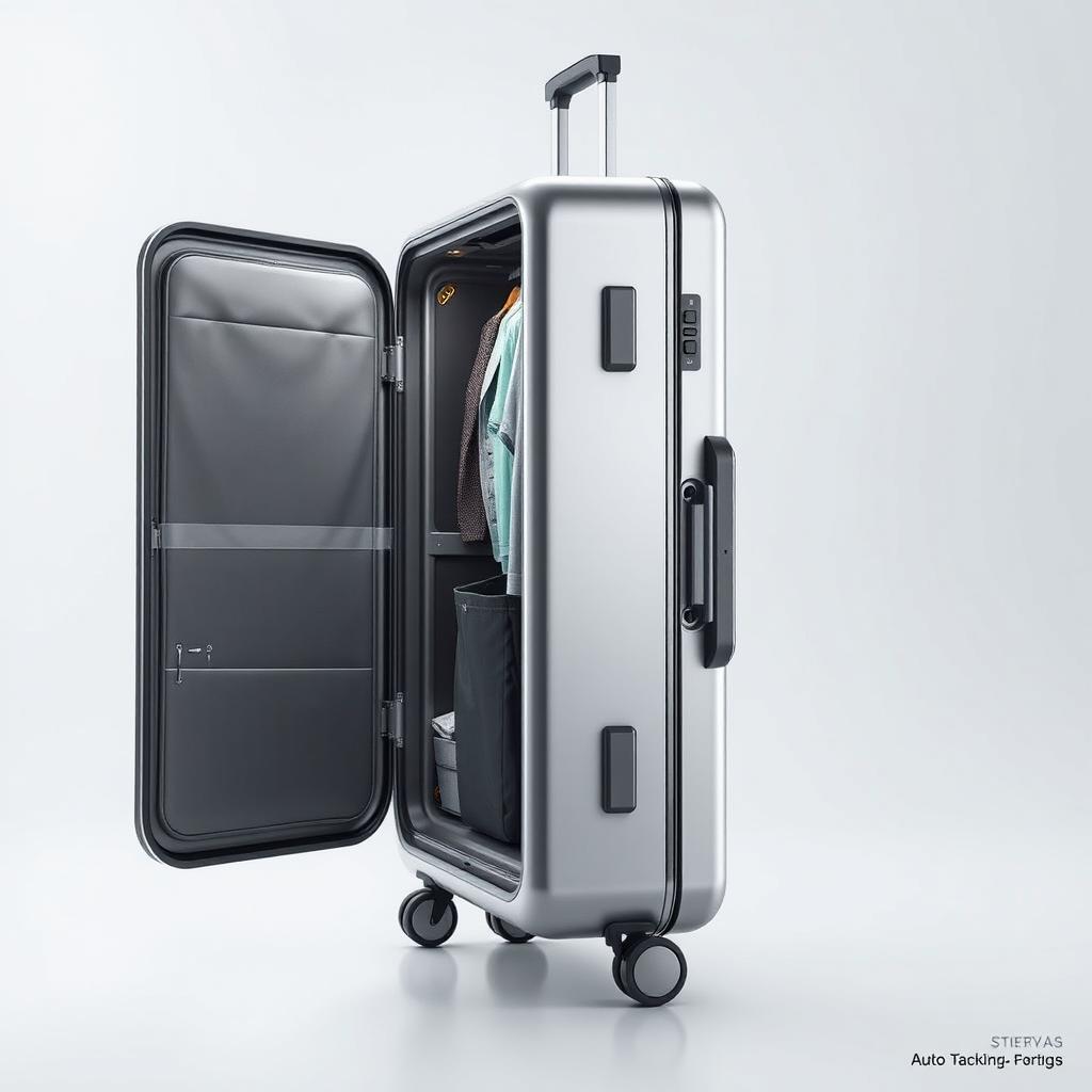 A modern, high-tech suitcase viewed from a side angle, showcasing its stylish design and spacious clothing compartment