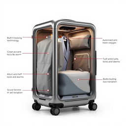 A modern, high-tech suitcase viewed from a side angle, showcasing its stylish design and spacious clothing compartment