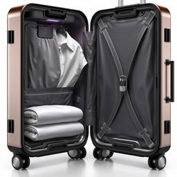 A modern, high-tech suitcase viewed from a side angle, showcasing its stylish design and spacious clothing compartment