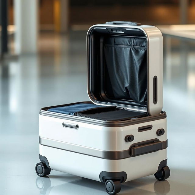 A modern, high-tech suitcase viewed from a side angle, showcasing its stylish design and spacious clothing compartment
