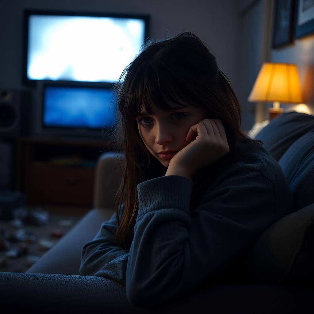 A lonely and depressed teenager sitting on a couch in a dimly lit living room, with her head resting on her hand, staring blankly at a television screen