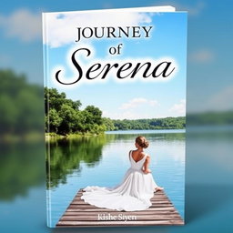 A picturesque book cover featuring a serene landscape with a tranquil lake bordered by lush green trees under a clear blue sky