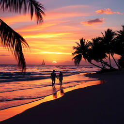 A vibrant sunset over a serene beach, with soft waves gently lapping at the shore