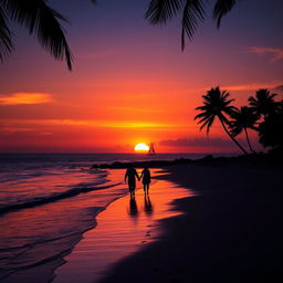 A vibrant sunset over a serene beach, with soft waves gently lapping at the shore
