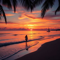 A vibrant sunset over a serene beach, with soft waves gently lapping at the shore