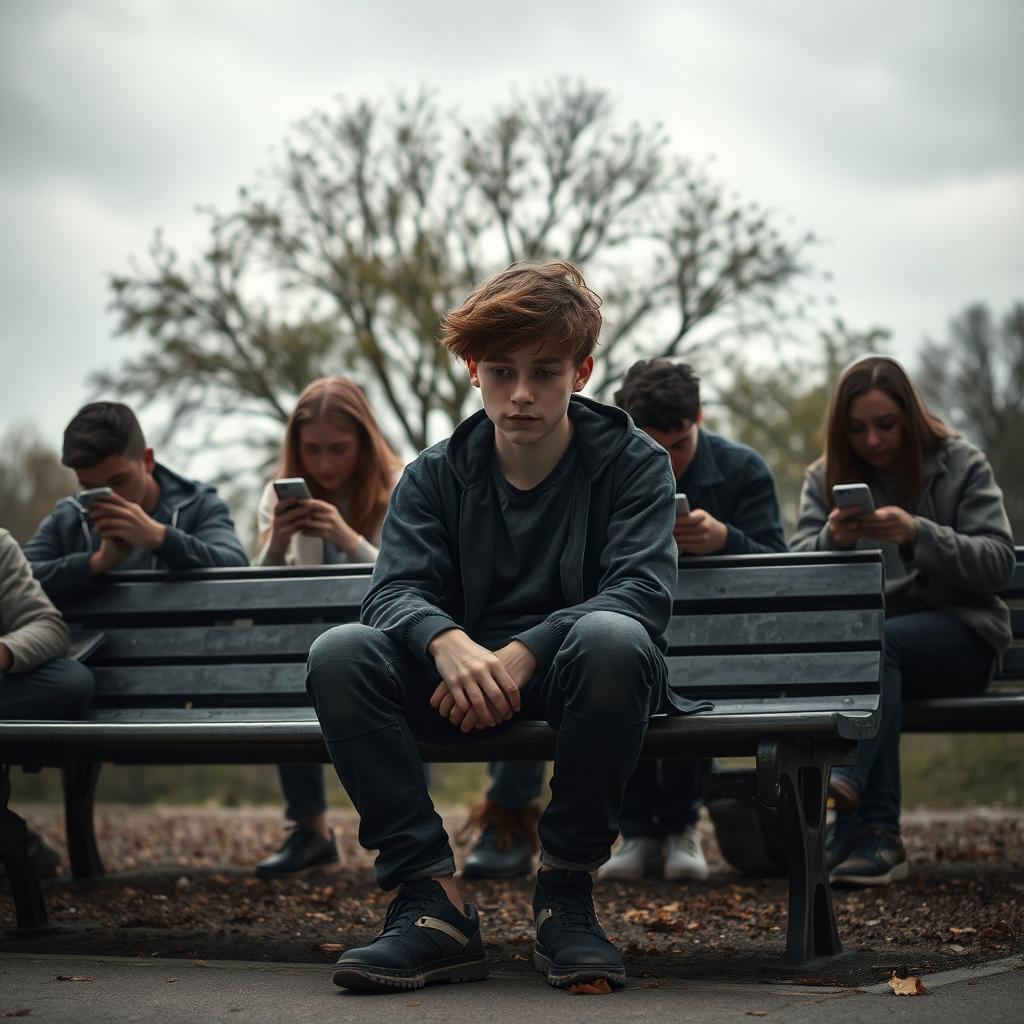 A teenage boy sitting alone on a park bench, looking lonely and dejected
