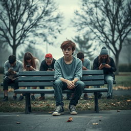 A teenage boy sitting alone on a park bench, looking lonely and dejected