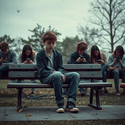 A teenage boy sitting alone on a park bench, looking lonely and dejected