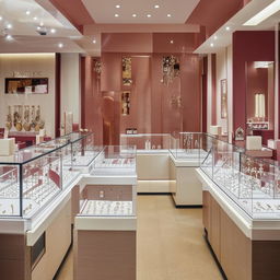 A neatly organized interior of a 10 feet by 20 feet jewellery shop, filled with gleaming displays of various jewels and accessories.