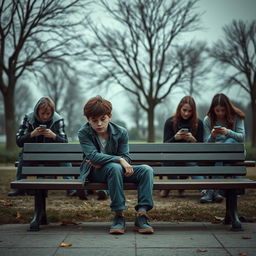 A teenage boy sitting alone on a park bench, looking lonely and dejected