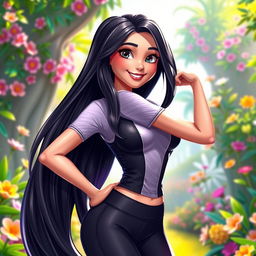 A 3D style illustration of Rapunzel, with long black hair styled elegantly flowing down her back