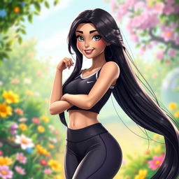 A 3D style illustration of Rapunzel, with long black hair styled elegantly flowing down her back