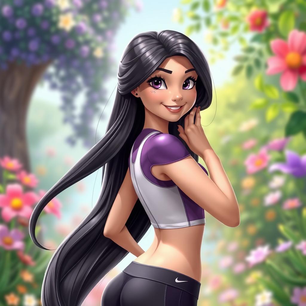 A 3D style illustration of Rapunzel, with long black hair styled elegantly flowing down her back