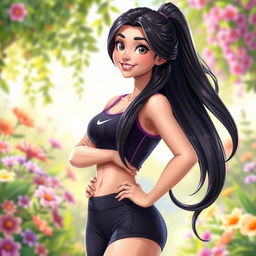 A 3D style illustration of Rapunzel, with long black hair styled elegantly flowing down her back