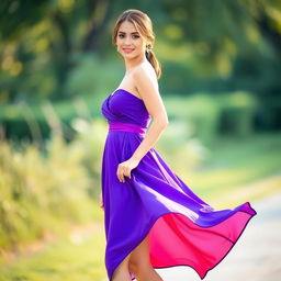 A beautiful model wearing an elegant dress that extends slightly lower to cover half of her thighs