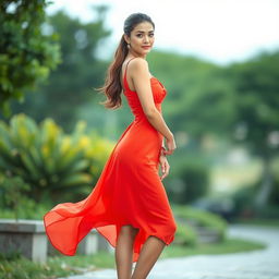 A beautiful model wearing an elegant dress that extends slightly lower to cover half of her thighs