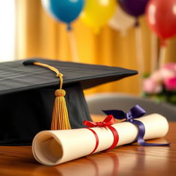 A close-up shot of a university graduation cap (mortarboard) and a rolled-up diploma scroll tied with a ribbon, resting on a wooden table