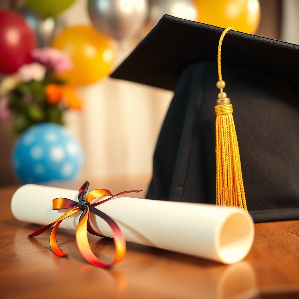 A close-up shot of a university graduation cap (mortarboard) and a rolled-up diploma scroll tied with a ribbon, resting on a wooden table