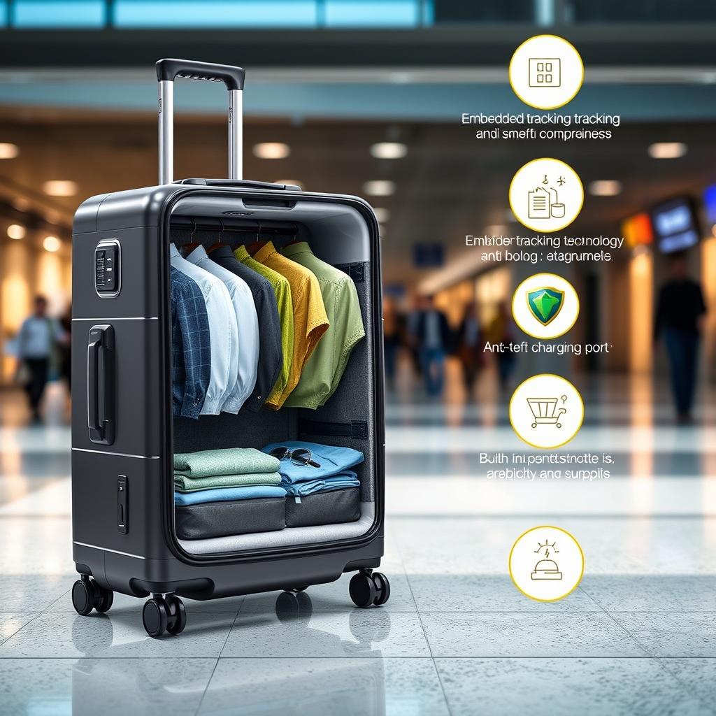 A highly advanced suitcase featuring a spacious clothing compartment, designed with embedded tracking technology and anti-theft security features