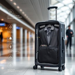 A highly advanced suitcase featuring a spacious clothing compartment, designed with embedded tracking technology and anti-theft security features
