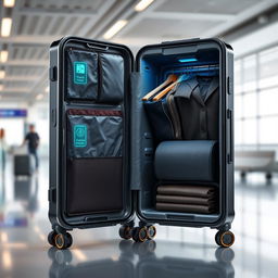 A highly advanced suitcase featuring a spacious clothing compartment, designed with embedded tracking technology and anti-theft security features
