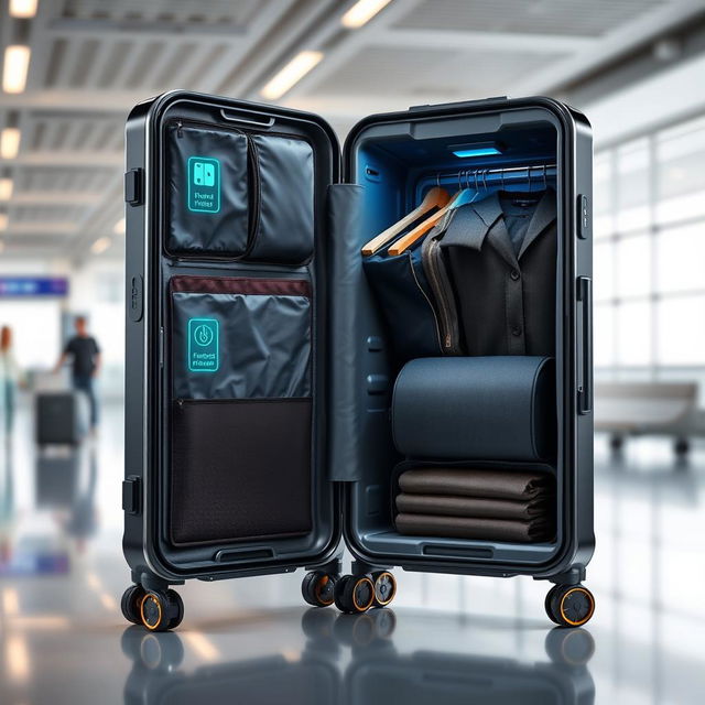 A highly advanced suitcase featuring a spacious clothing compartment, designed with embedded tracking technology and anti-theft security features