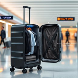 A highly advanced suitcase featuring a spacious clothing compartment, designed with embedded tracking technology and anti-theft security features