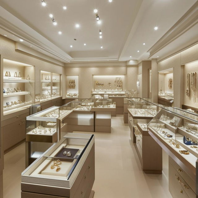 A neatly organized interior of a 10 feet by 20 feet jewellery shop, filled with gleaming displays of various jewels and accessories.