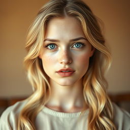A young woman with fair, flawless skin adorned with light freckles across her nose and cheeks, and bright blue eyes that sparkle