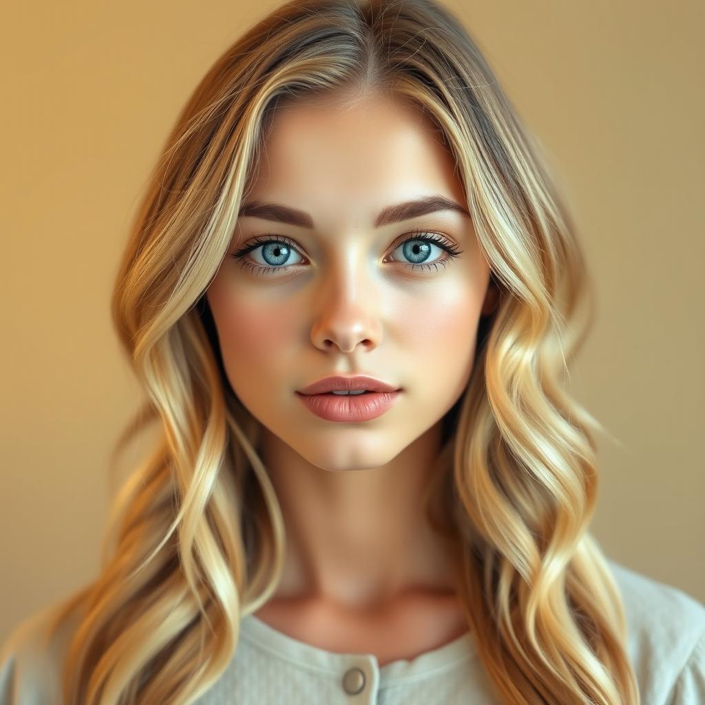 A young woman with fair, flawless skin adorned with light freckles across her nose and cheeks, and bright blue eyes that sparkle