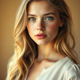 A young woman with fair, flawless skin adorned with light freckles across her nose and cheeks, and bright blue eyes that sparkle