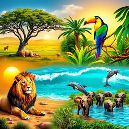 A vibrant wildlife scene showcasing a variety of animals in their natural habitats