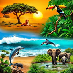 A vibrant wildlife scene showcasing a variety of animals in their natural habitats