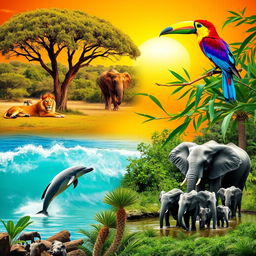 A vibrant wildlife scene showcasing a variety of animals in their natural habitats