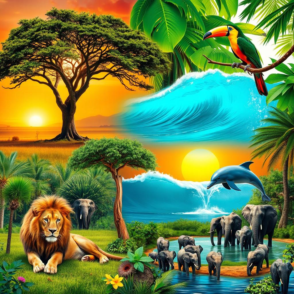 A vibrant wildlife scene showcasing a variety of animals in their natural habitats