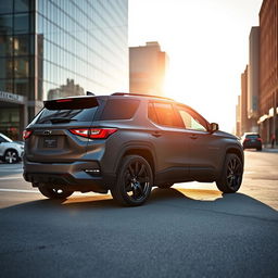 A sleek 2025 black matte Chevy Traverse RS with black rims, showcasing its modern design and aggressive stance