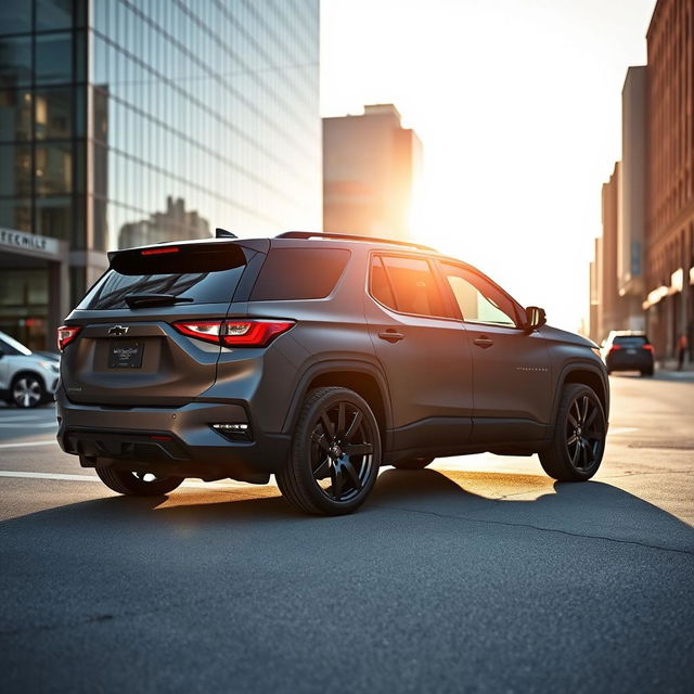 A sleek 2025 black matte Chevy Traverse RS with black rims, showcasing its modern design and aggressive stance