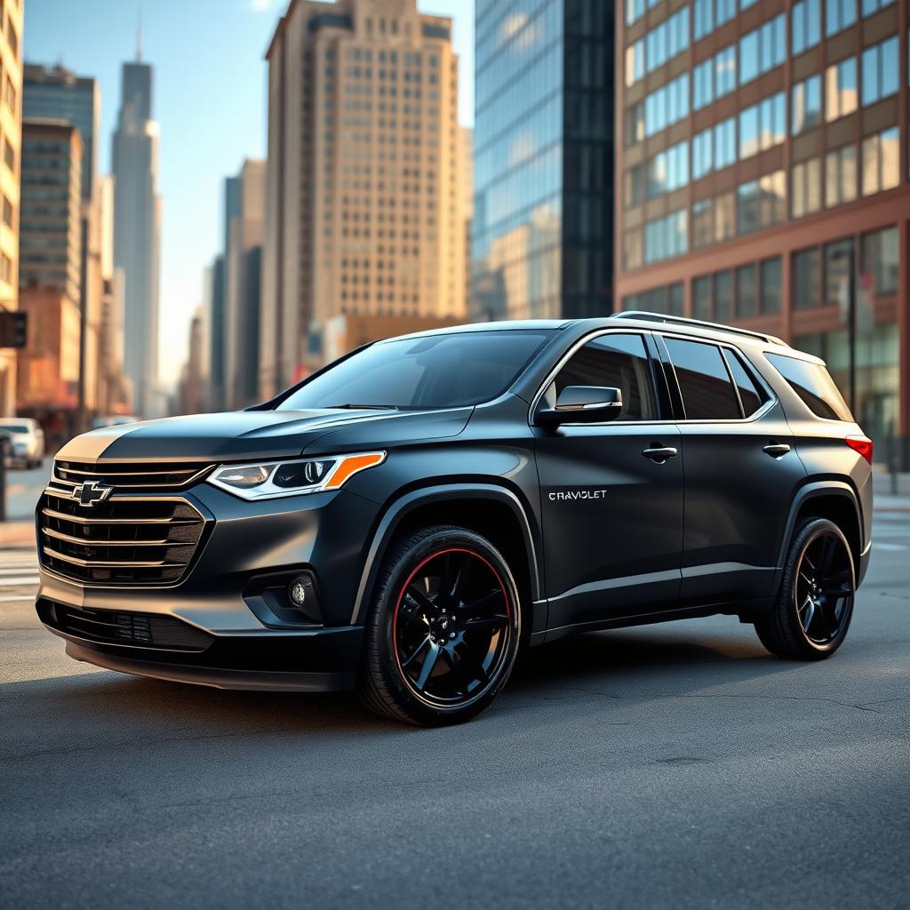 A sleek 2025 black matte Chevy Traverse RS with black rims, showcasing its modern design and aggressive stance