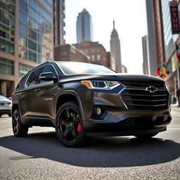 A sleek 2025 black matte Chevy Traverse RS with black rims, showcasing its modern design and aggressive stance