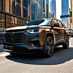 A sleek 2025 black matte Chevy Traverse RS with black rims, showcasing its modern design and aggressive stance