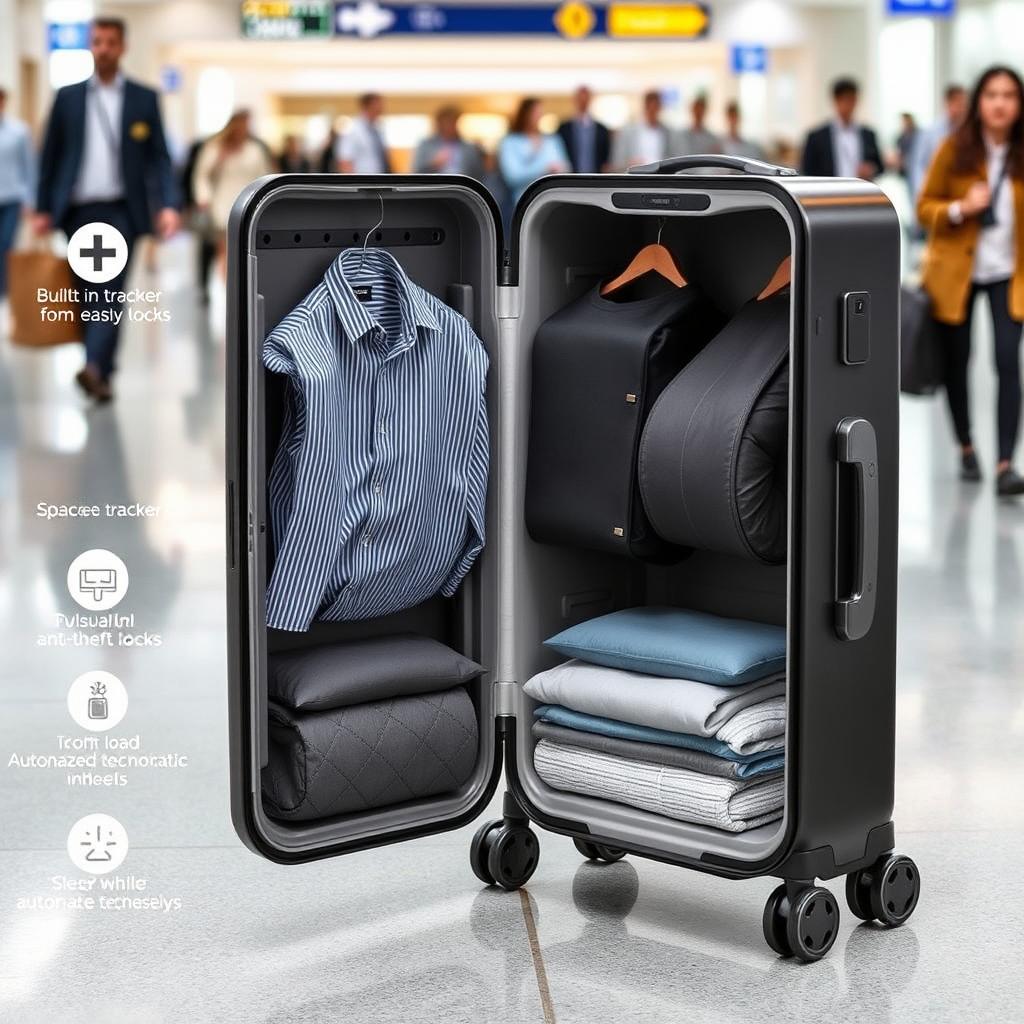 A modern and innovative suitcase designed with a spacious clothing compartment, showcasing its interior neatly packed with clothes