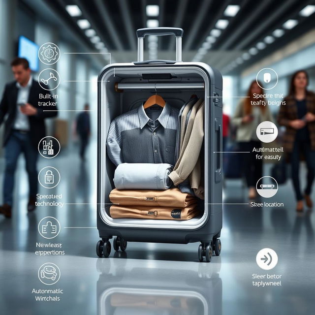 A modern and innovative suitcase designed with a spacious clothing compartment, showcasing its interior neatly packed with clothes