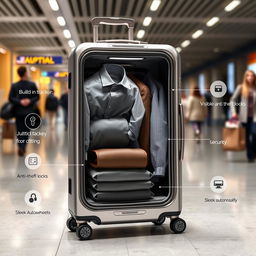 A modern and innovative suitcase designed with a spacious clothing compartment, showcasing its interior neatly packed with clothes