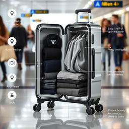 A modern and innovative suitcase designed with a spacious clothing compartment, showcasing its interior neatly packed with clothes