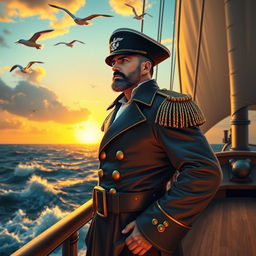 A heroic captain standing on the deck of a majestic ship, dressed in a classic naval uniform with gold epaulettes and a tricorn hat